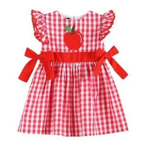 Red Gingham Apple Tie-Accent Angel-Sleeve Baby Dress